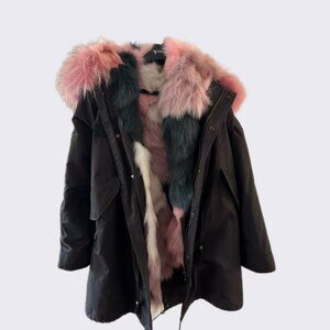 authentic MR & MRS ITALY LARGE black rabbit fur lined parka